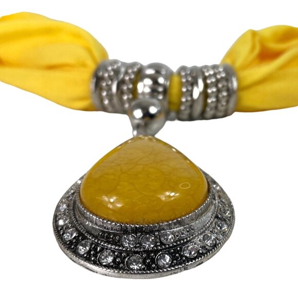 Womens Yellow & Silver Resin Pendant Shawl Scarf Necklace w/Beaded Fringe - Picture 5 of 10